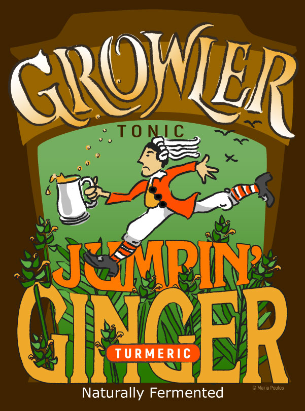 Jumping Ginger home brew label and turmeric label depicting a red coat character jumping over ginger plants holding a stein of ale.