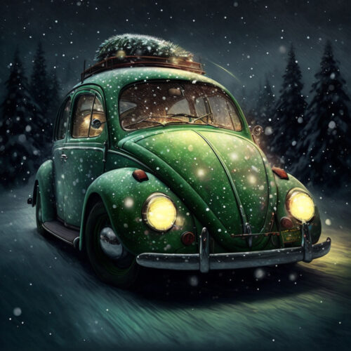 green VW classic beetle decked out for the holidays